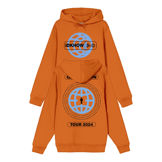 Gloomtown Tour Hoodie. Both Front and Back Print. Orange Hoodie with black and light blue graphics