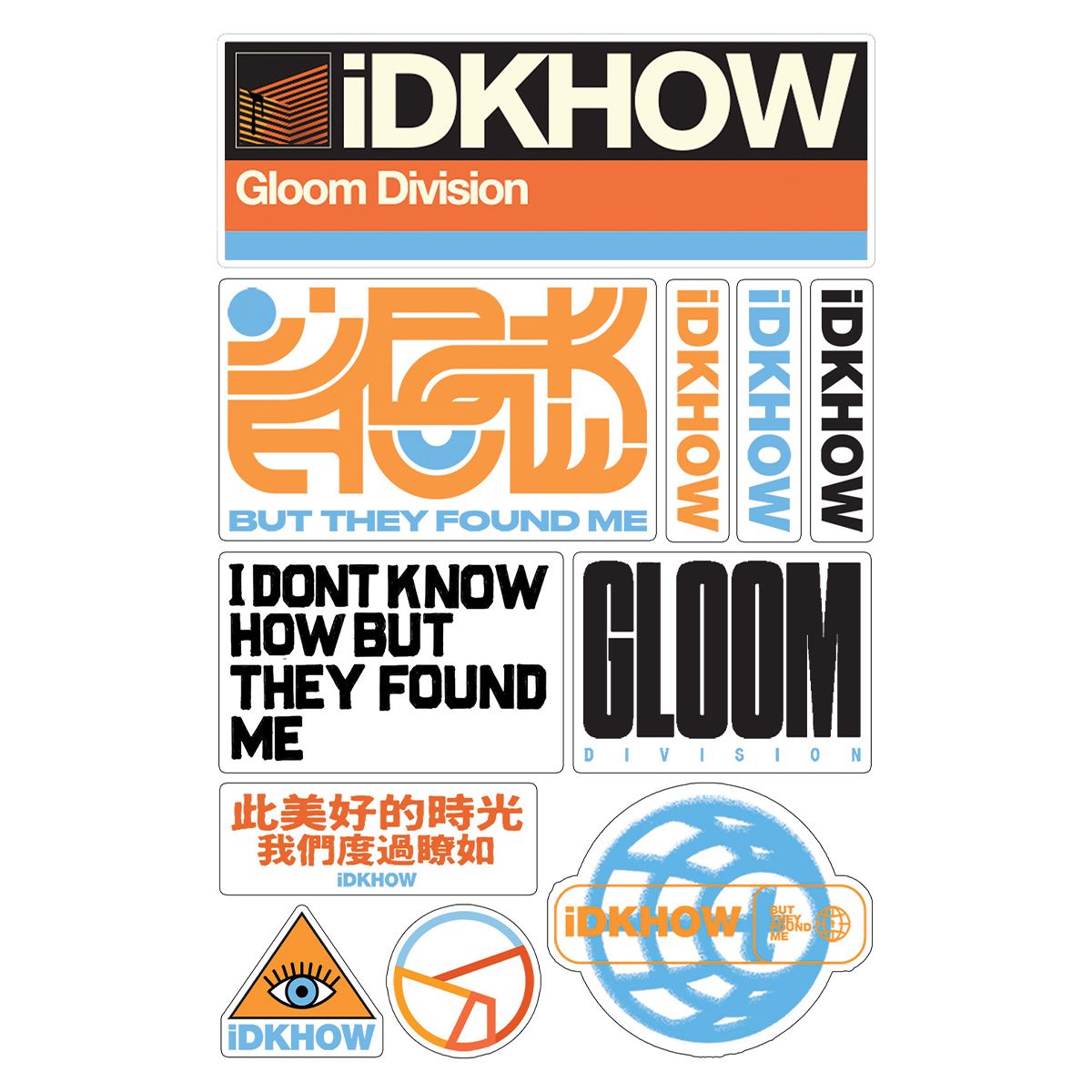 A colorful sticker sheet featuring IDKHOW logo and artwork. 