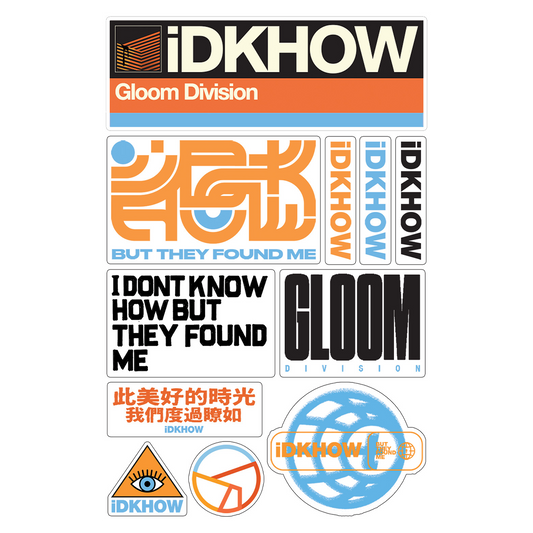 A colorful sticker sheet featuring IDKHOW logo and artwork. 