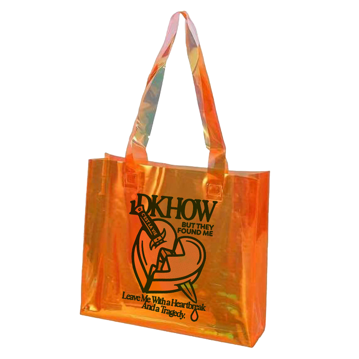 A transparent orange tote bag from the band IDKHOW