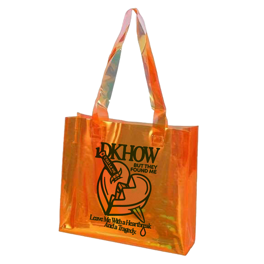 A transparent orange tote bag from the band IDKHOW