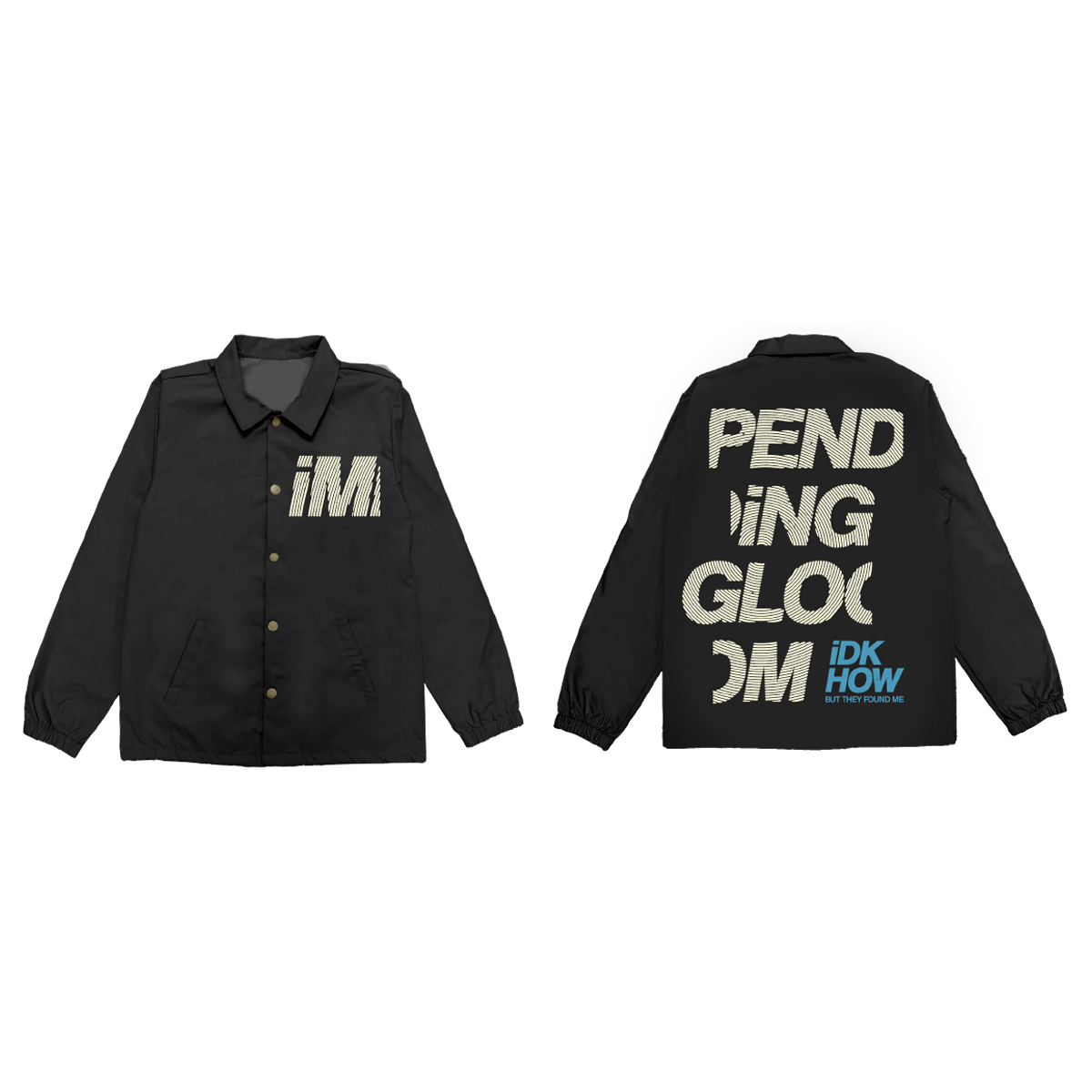 A classic black water resistant coach jacket with Impending Gloom artwork on the front and back. 