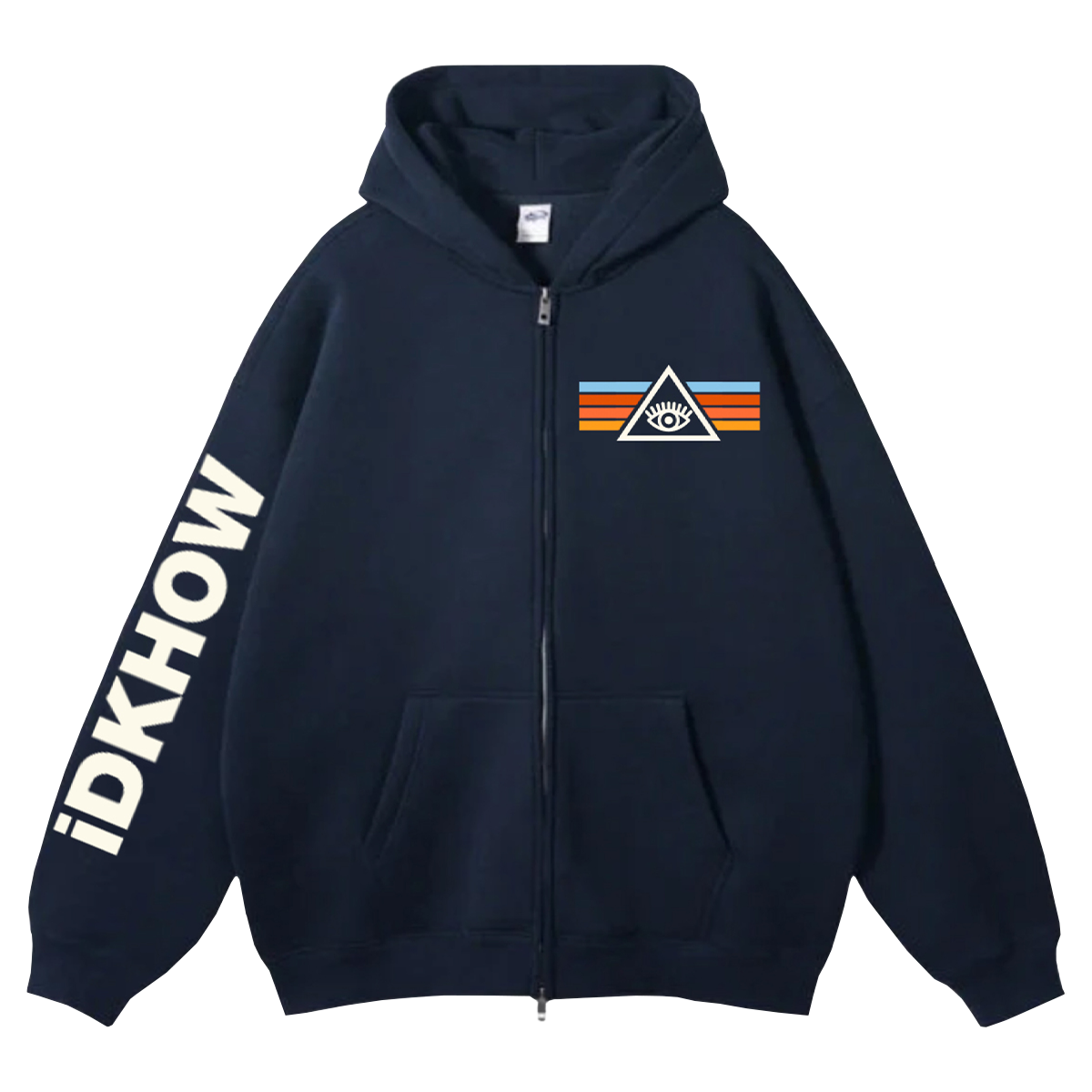 A classic fit navy blue zip hoodie with IDKHOW logo and artwork. 