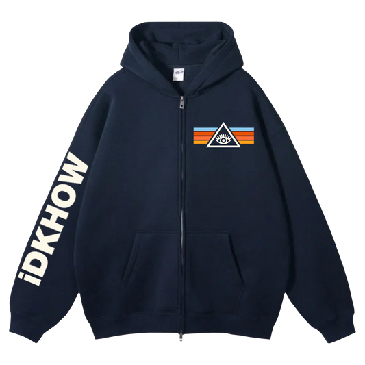 A classic fit navy blue zip hoodie with IDKHOW logo and artwork. 