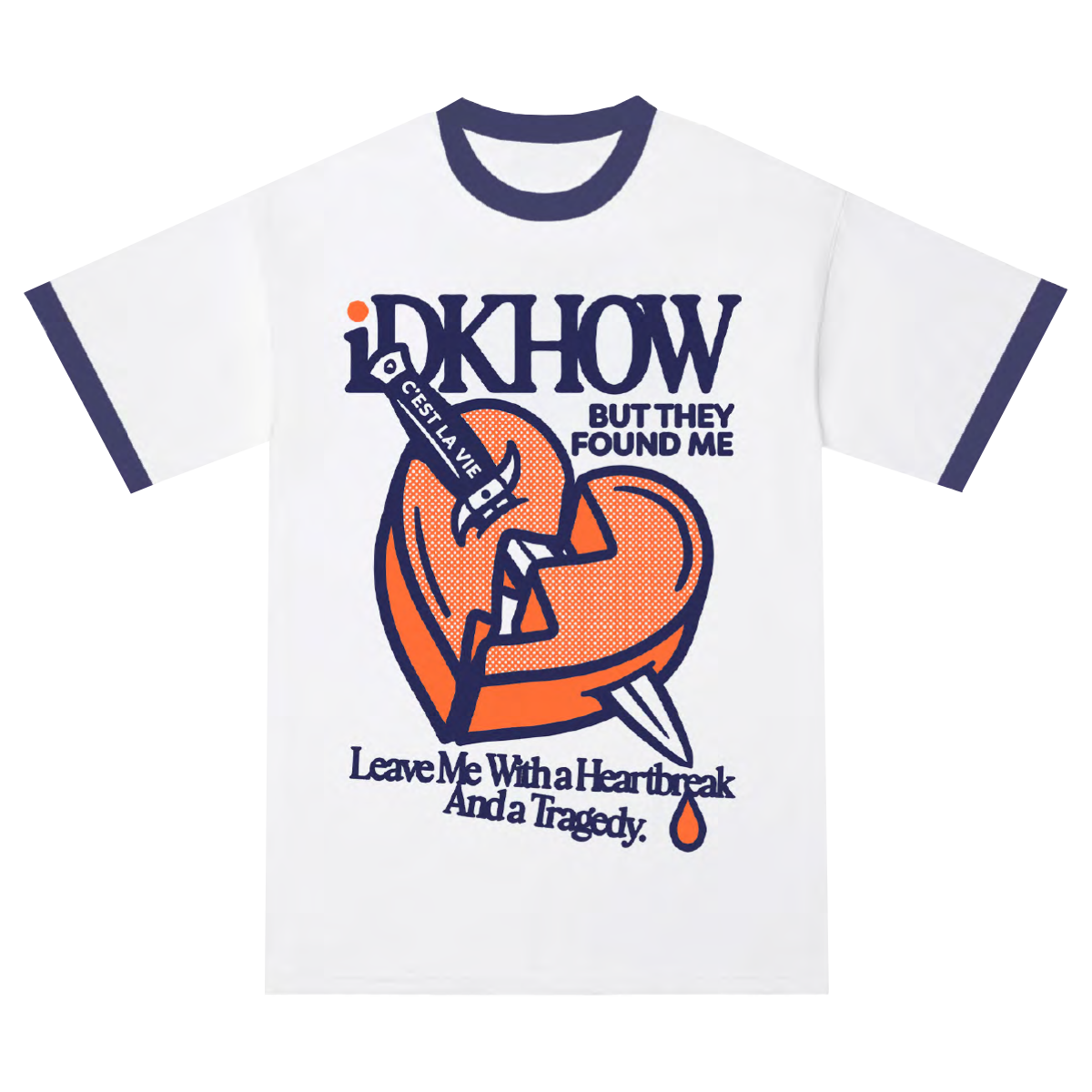 A classic white and blue ringer tee made with one hundred percent cotton, and featuring custom IDKHOW logo and artwork on the front and back.