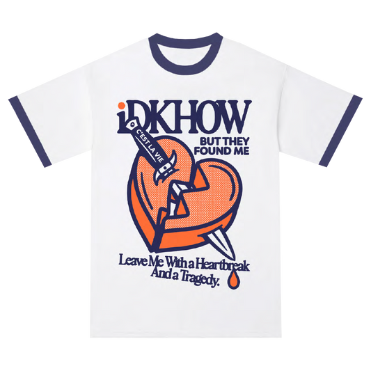 A classic white and blue ringer tee made with one hundred percent cotton, and featuring custom IDKHOW logo and artwork on the front and back.