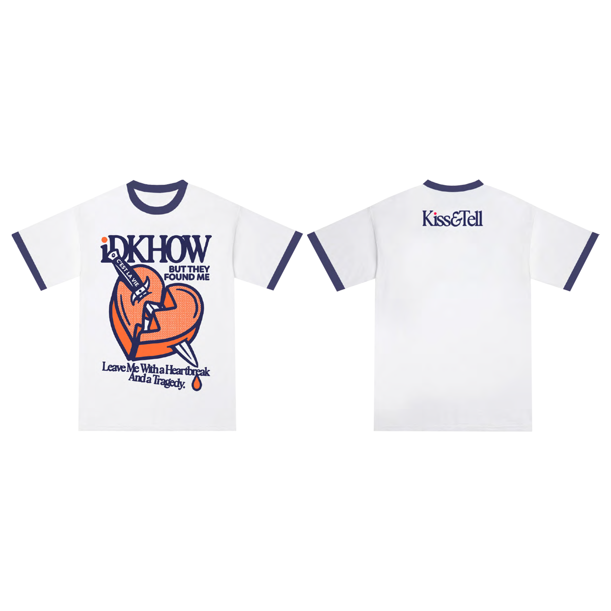 A classic white and blue ringer tee made with one hundred percent cotton, and featuring custom IDKHOW logo and artwork on the front and back.