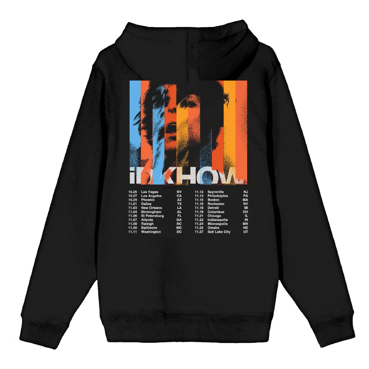 A classic black pullover hoodie with Impending Gloom tour dates on the back, from the band IDKHOW