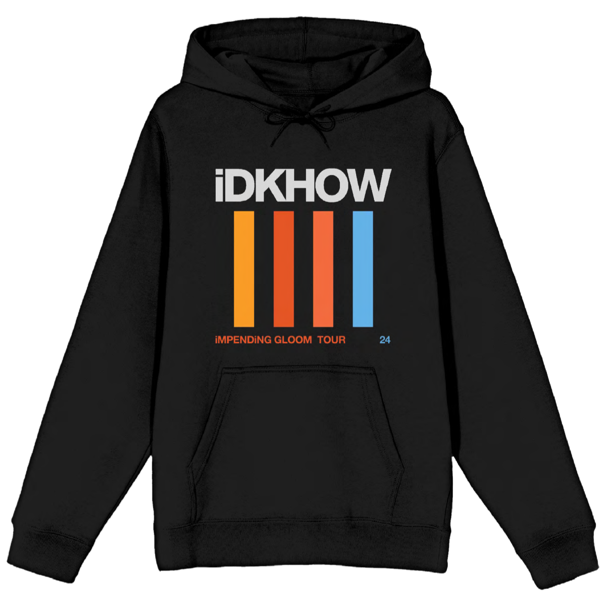 A classic black pullover hoodie with Impending Gloom tour dates on the back, from the band IDKHOW