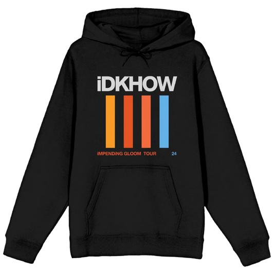 A classic black pullover hoodie with Impending Gloom tour dates on the back, from the band IDKHOW