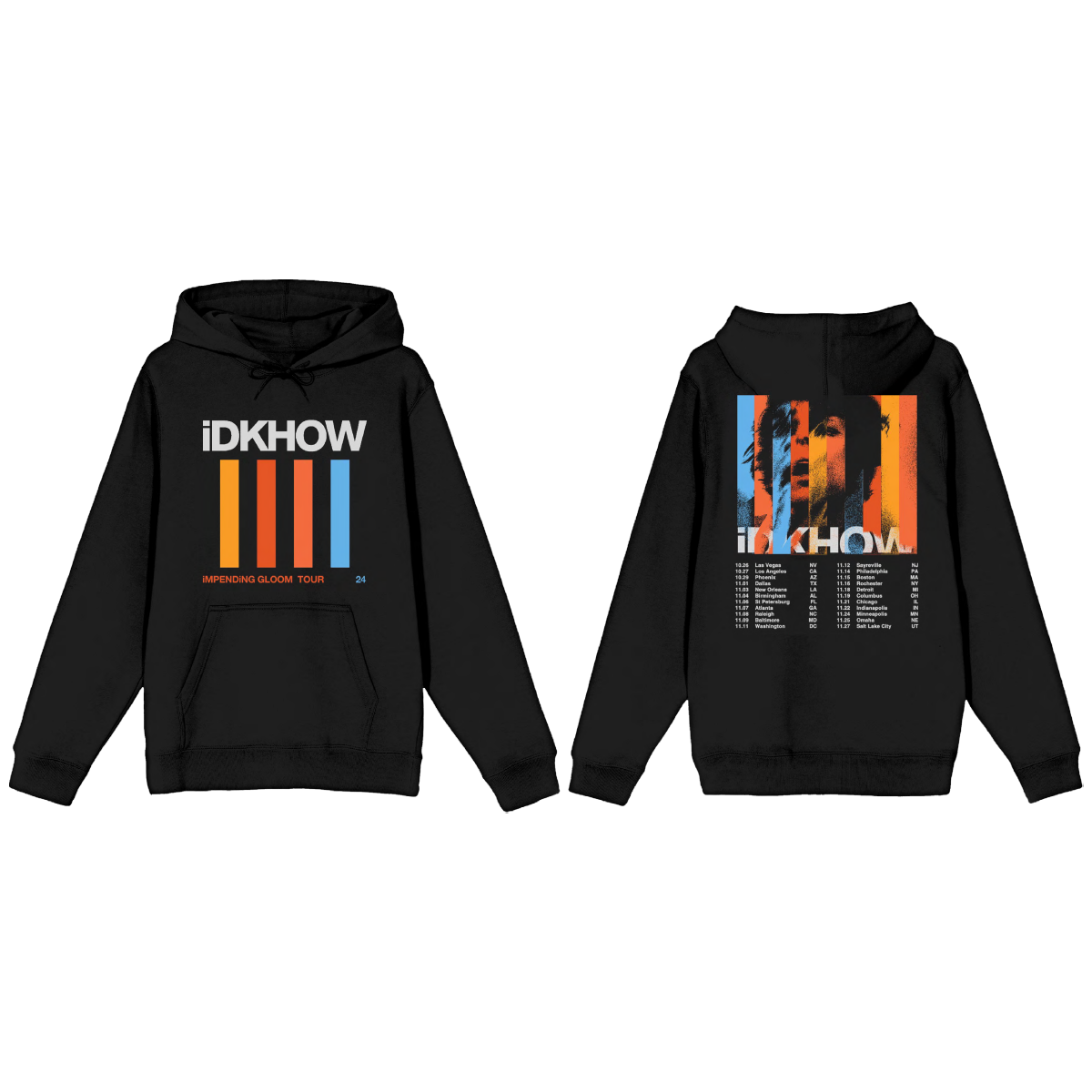 A classic black pullover hoodie with Impending Gloom tour dates on the back, from the band IDKHOW