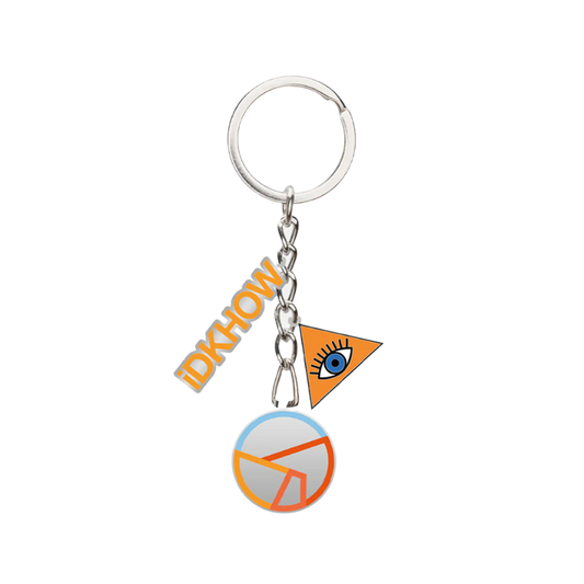 A metal IDKHOW keychain with colorful painted charms.