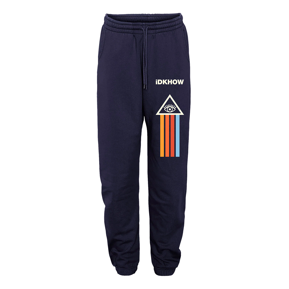 A classic fit navy blue jogger sweat pant with IDKHOW logo and artwork. 