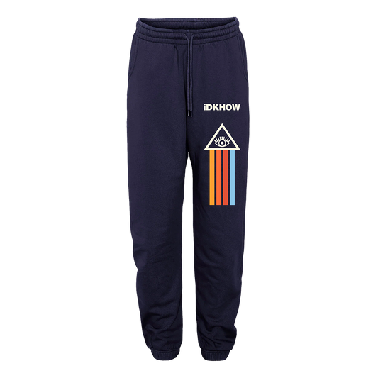 A classic fit navy blue jogger sweat pant with IDKHOW logo and artwork. 