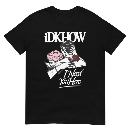 A classic fit short sleeve black tee made with one hundred percent cotton, featuring custom IDKHOW artwork across the front.