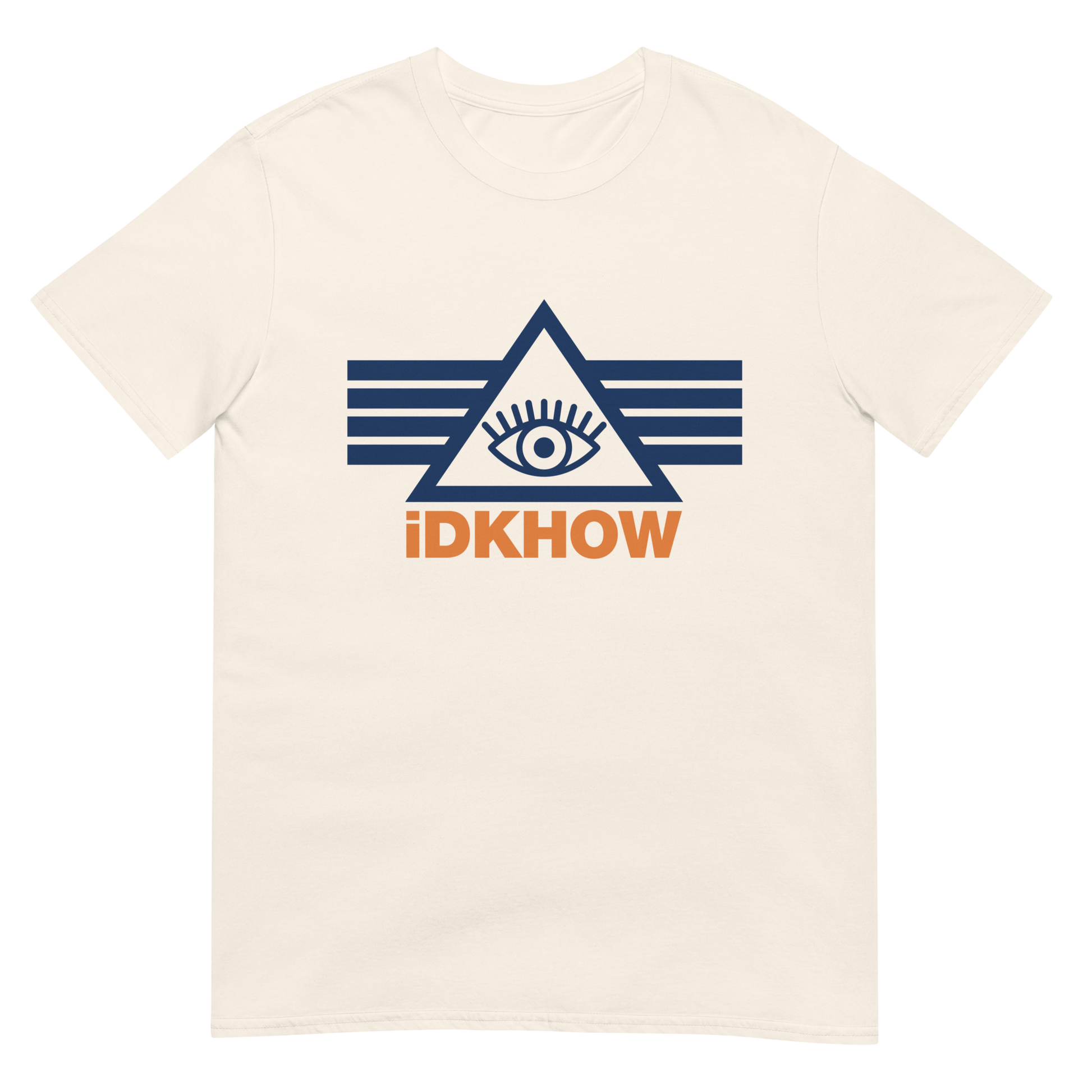 A classic fit short sleeve natural off white tee made with one hundred percent cotton, featuring custom IDKHOW logo and triangle eye artwork across the front.