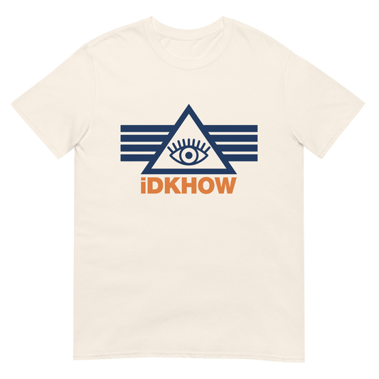 A classic fit short sleeve natural off white tee made with one hundred percent cotton, featuring custom IDKHOW logo and triangle eye artwork across the front.